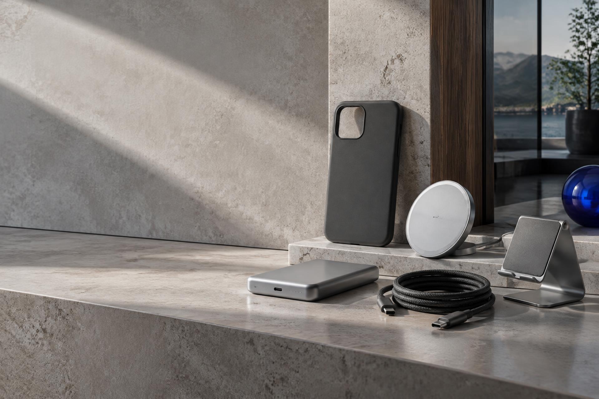 Unbranded premium phone case, wireless charger, power bank and stand in an architectural interior